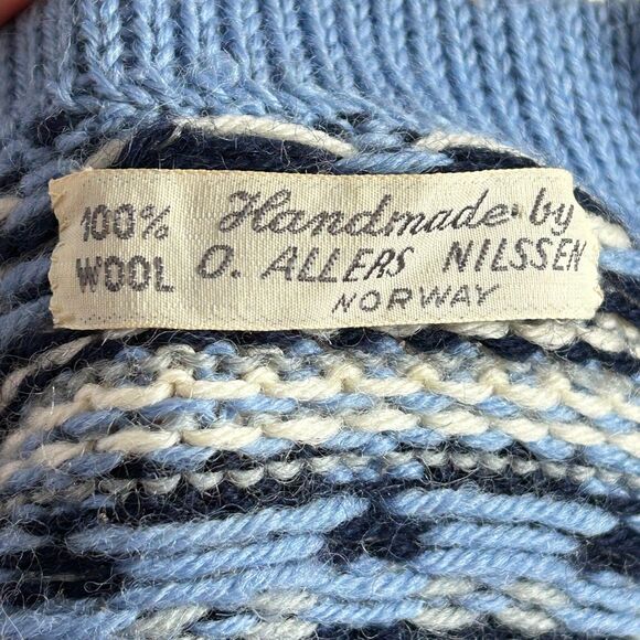 Handmade O Allers Nilssen Norway Wool Fair Isle Cream Blue Cardigan Sweater S/M - Picture 2 of 15